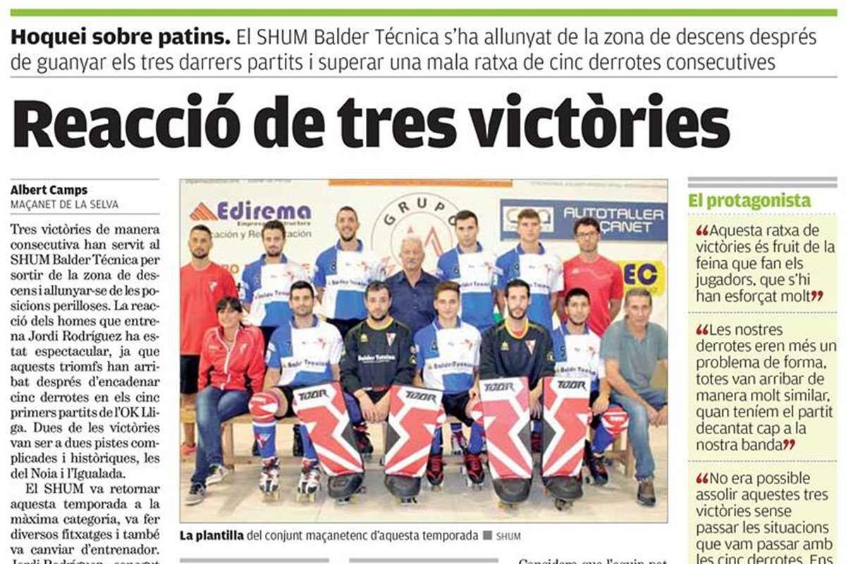 Os três triunfos consecutivos mereceram destaque no L’Esportiu com uma entrevista ao treinador Jordi Rodriguez
